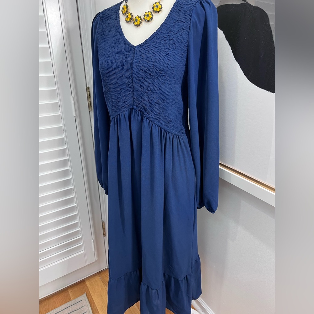Zwurew V Neck Long Sleeve Rouched Bodice Dress in Navy Blue, Size XL - Picture 5 of 10